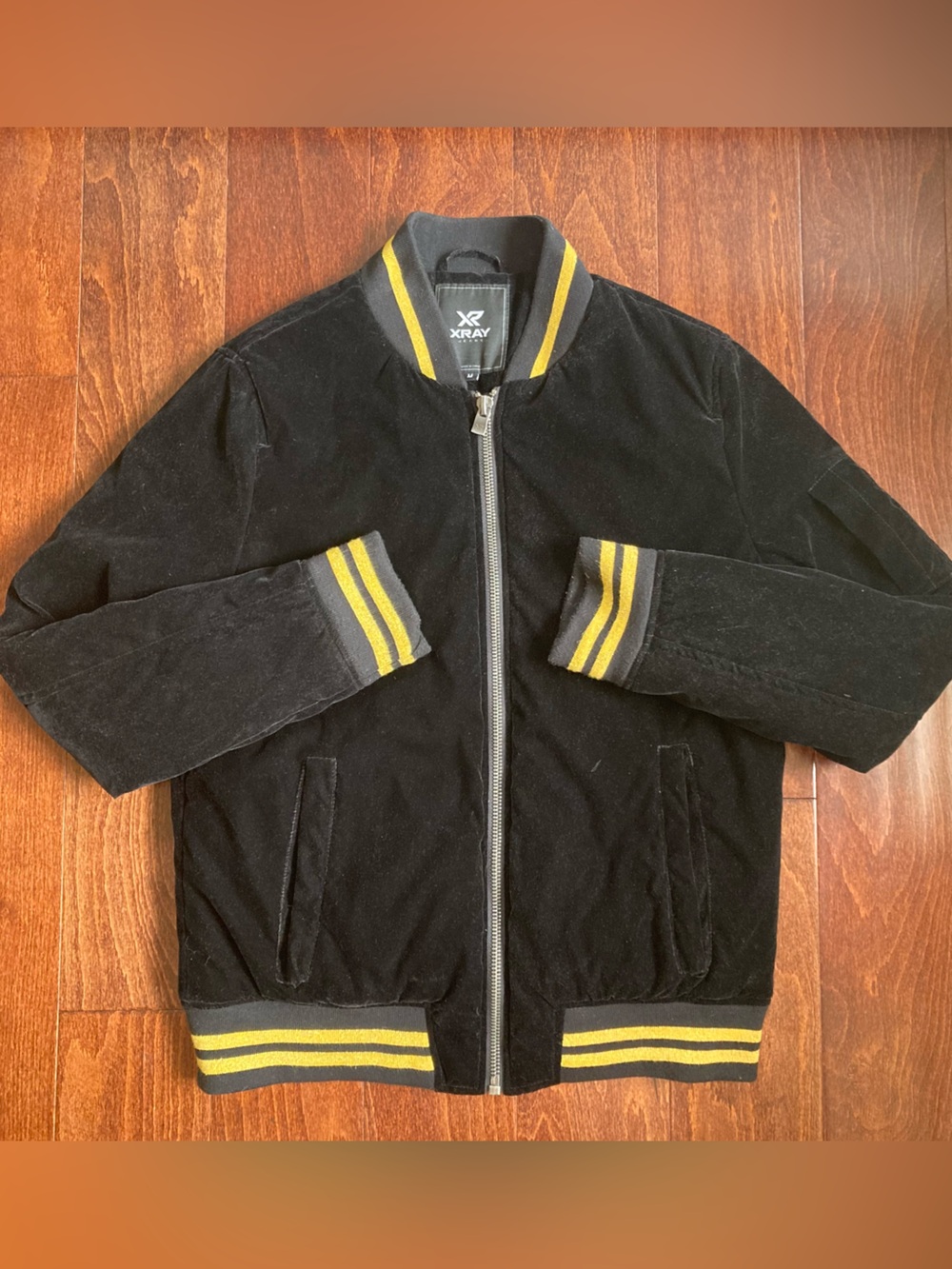 XRAY Jeans Black Velour Varsity Bomber Jacket Mens SIZE medium M Zip Up pockets